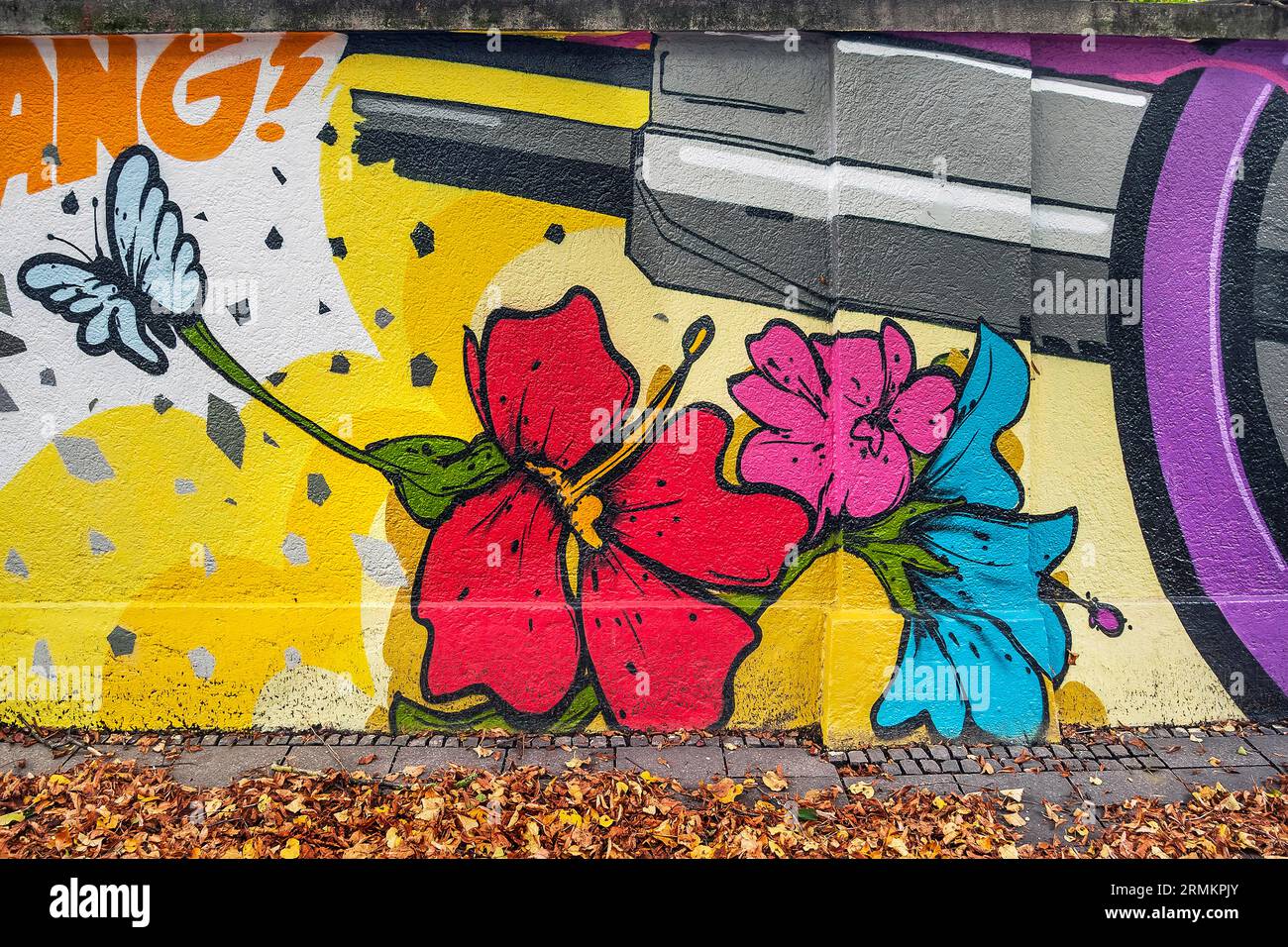 Graffiti sur mur avec canon, fleurs et papillon, Munich, haute-Bavière, Bavière, Allemagne Banque D'Images