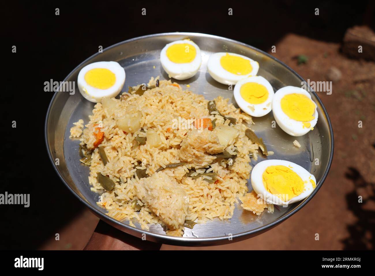 Plaque en acier inoxydable avec des légumes biryani et des œufs durs tenus dans la main. Aliments spéciaux pour occasions spéciales Banque D'Images