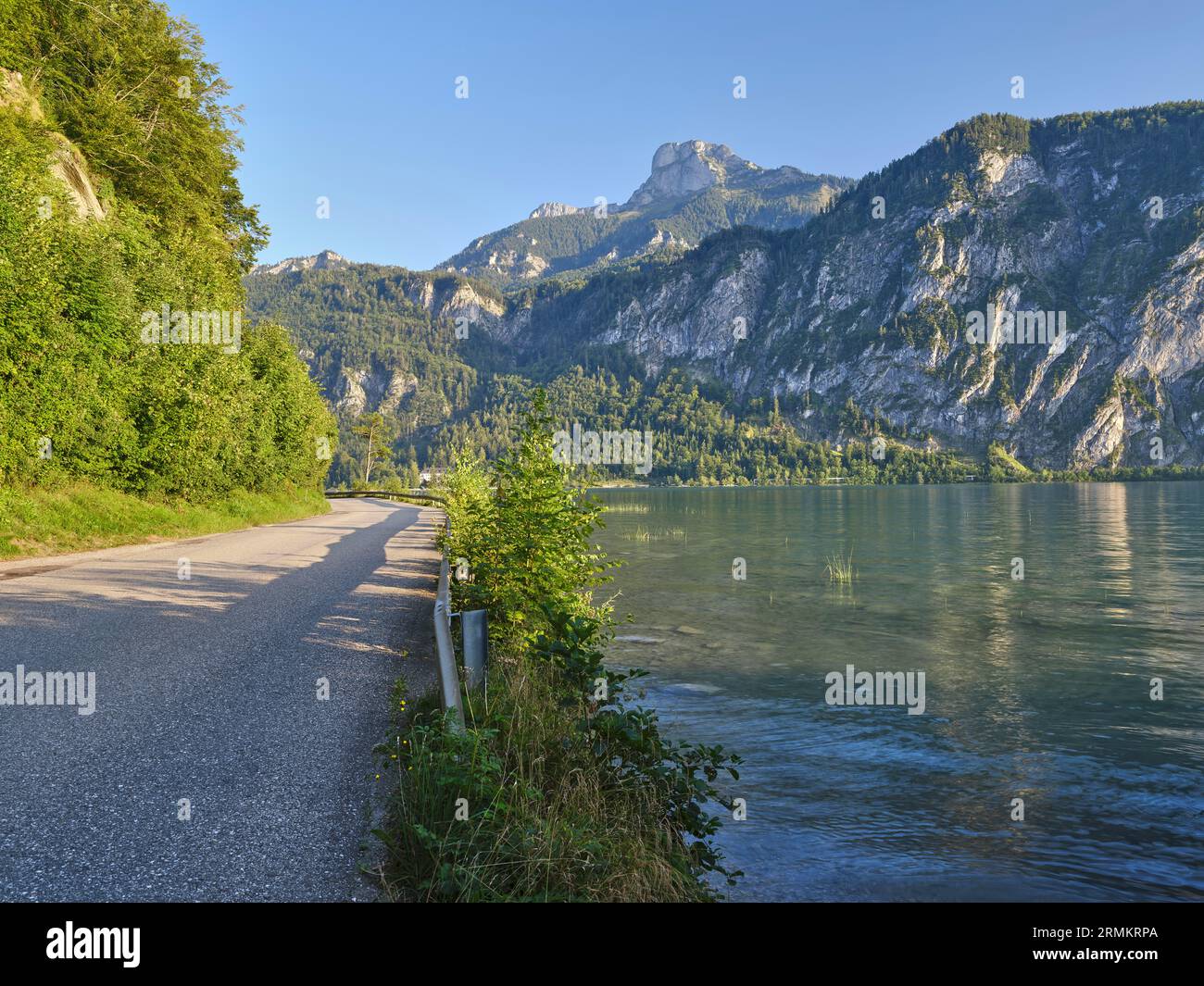 Mondsee avec Schafberg, route, lac, haute-Autriche, Autriche Banque D'Images