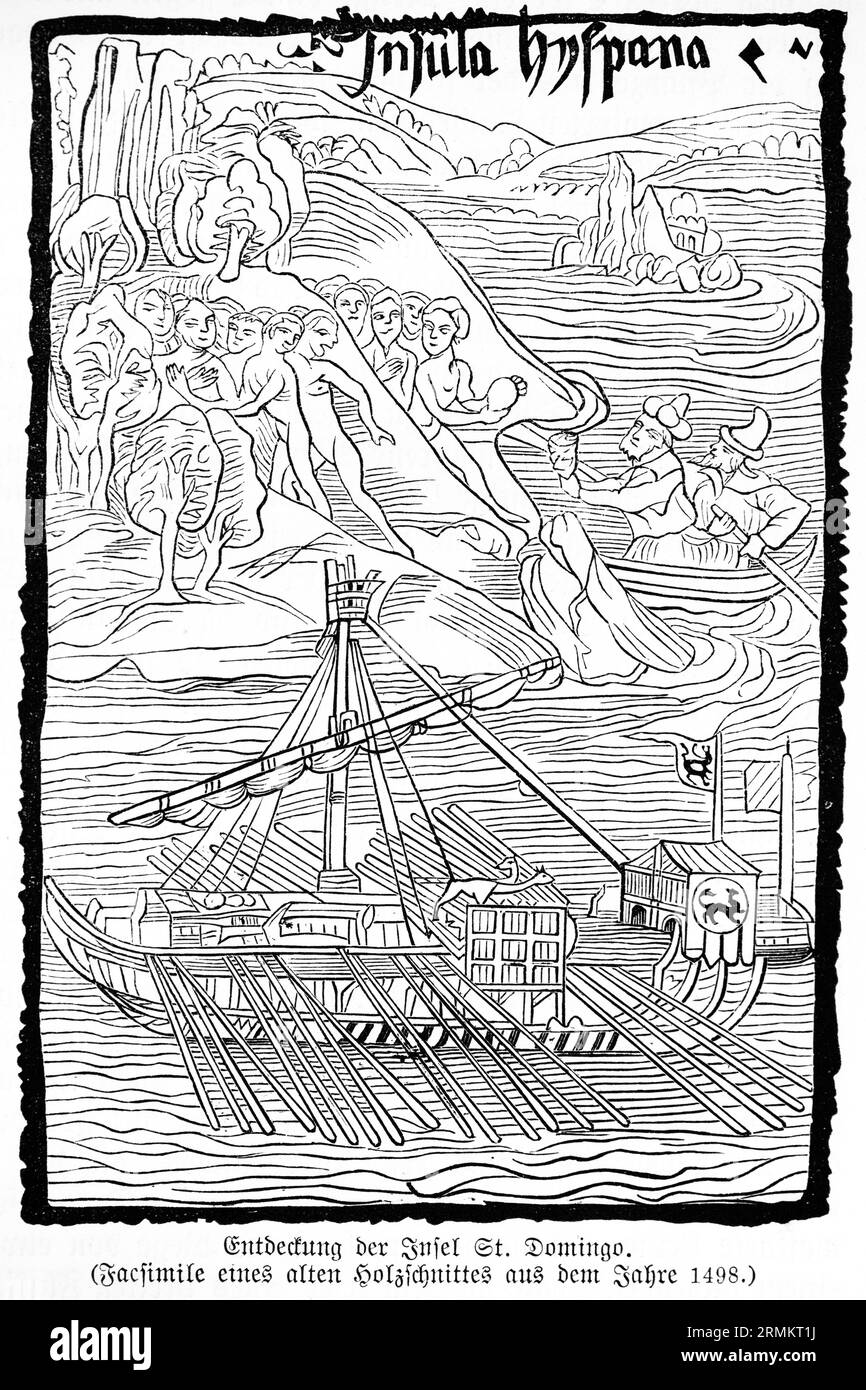 Découverte de l'île de St. Domingo, Insula Hispana, après fac-similé de 1498, symboles, navire, voiles, rames, peuples indigènes, colonialistes Banque D'Images