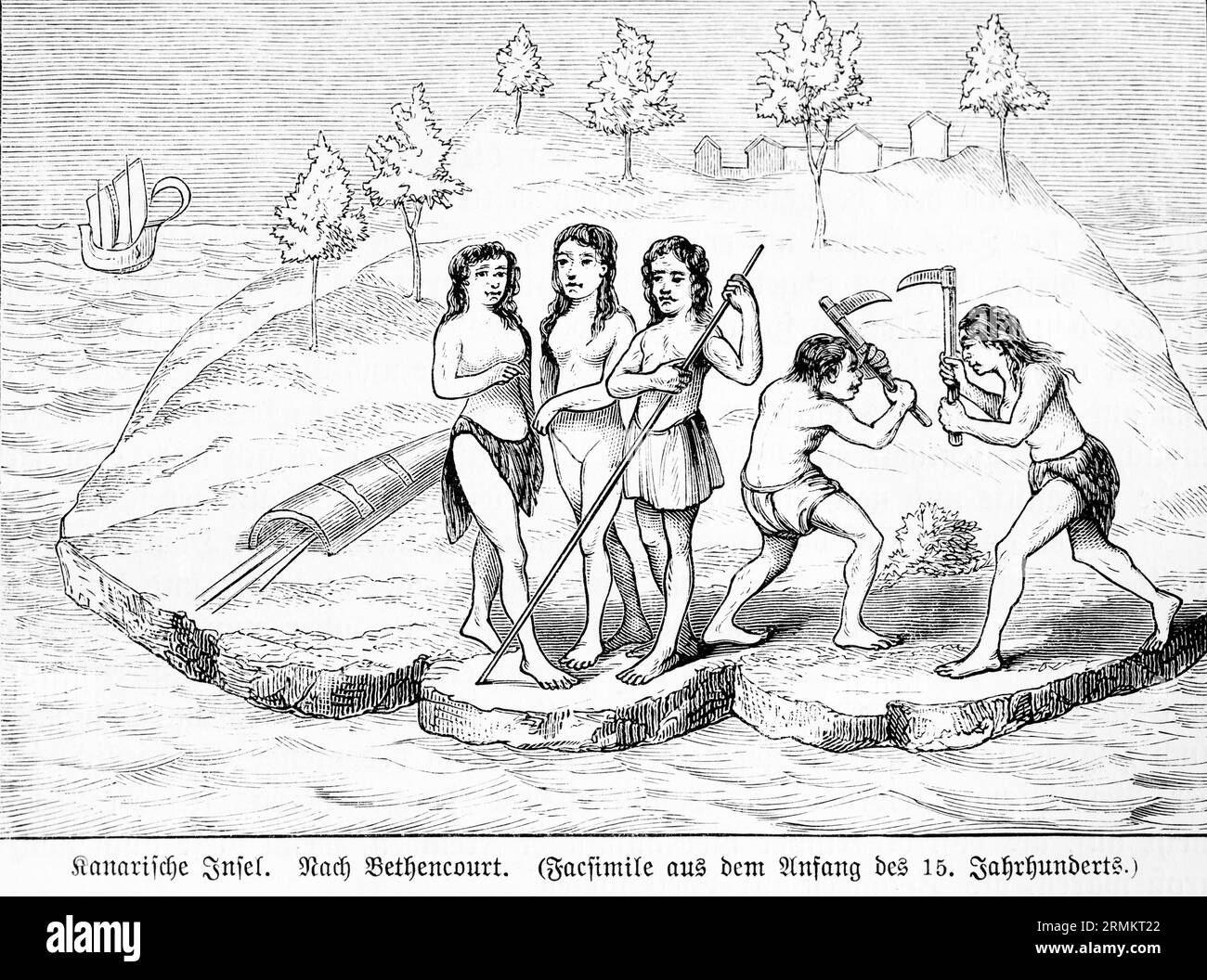 Îles Canaries, après fac-similé par Bethencourt début 15e siècle, femme autochtone, hommes, pôles, hache, arbres, maisons, symboles, croquis, voilier Banque D'Images