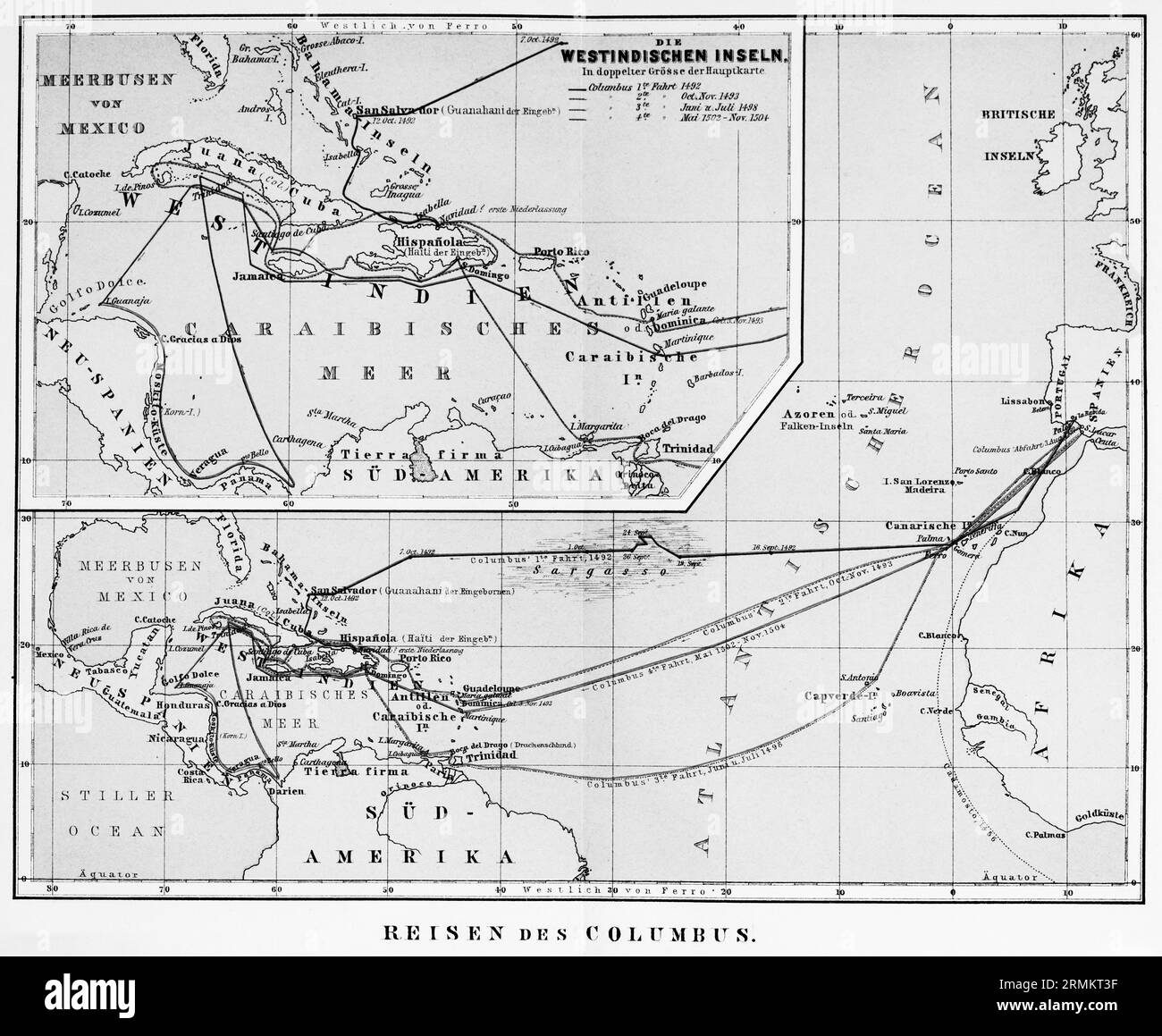 Voyages de Christophe Colomb (c. 1451-1506), découvreur de l'Amérique, des Antilles, de la mer des Caraïbes, de l'océan Atlantique, routes maritimes, Amérique du Sud Banque D'Images