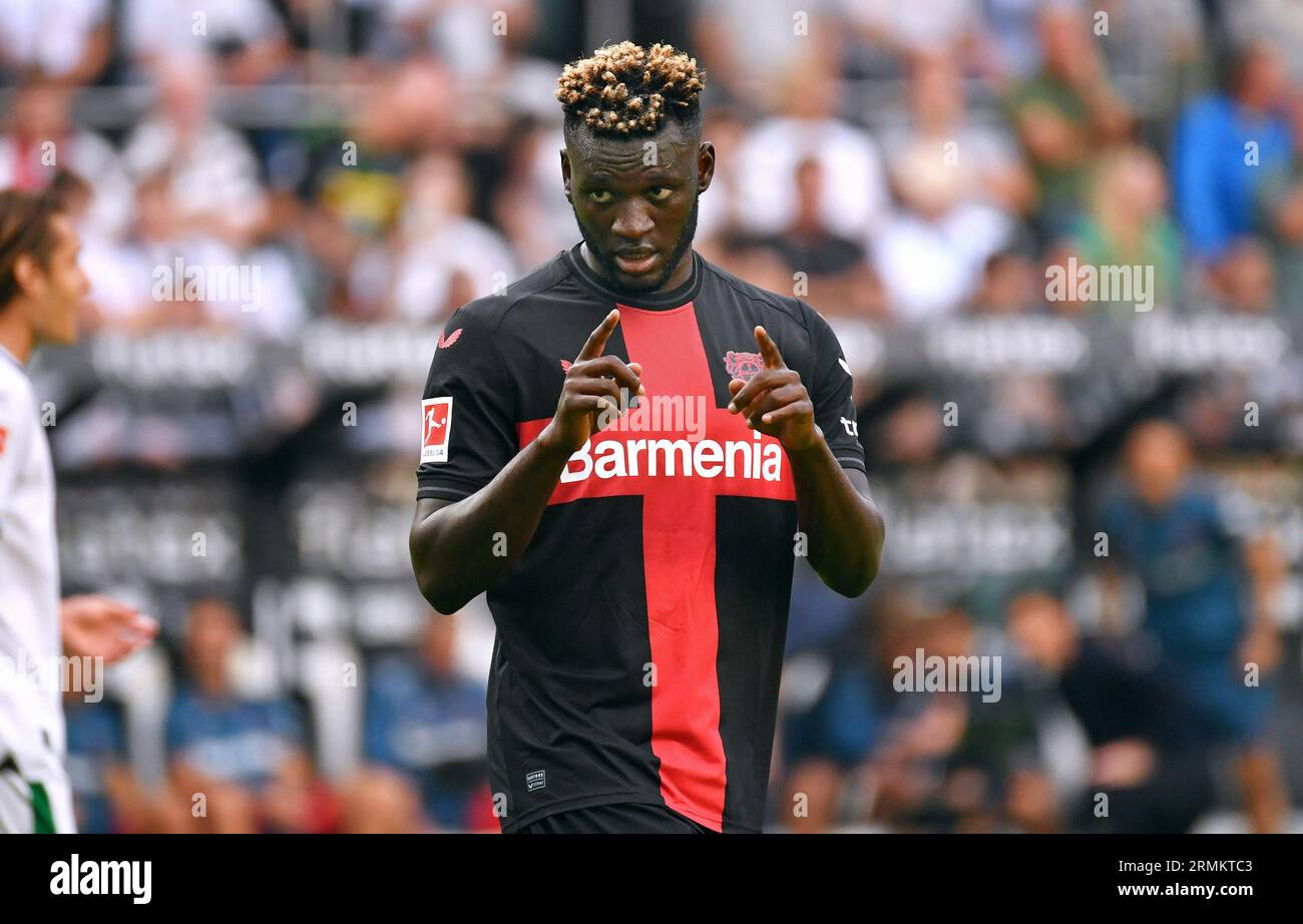 Bundesliga, Borussia Park Mönchengladbach : Borussia Mönchengladbach vs Bayer Leverkusen ; Victor Boniface (LEV) Banque D'Images