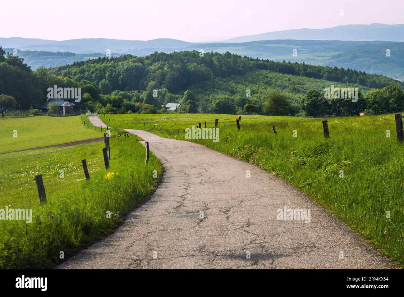 Route sale entre pâturages, collines en arrière-plan, Lipa près de Zlin, république tchèque. Banque D'Images