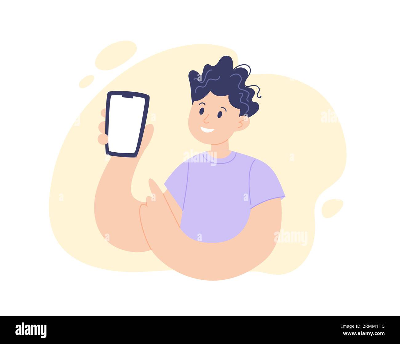 Homme montrant smartphone. Jeune caractère positif. Concept pour les affaires, la technologie, les services, illustration vectorielle de dessin animé plat. Illustration de Vecteur