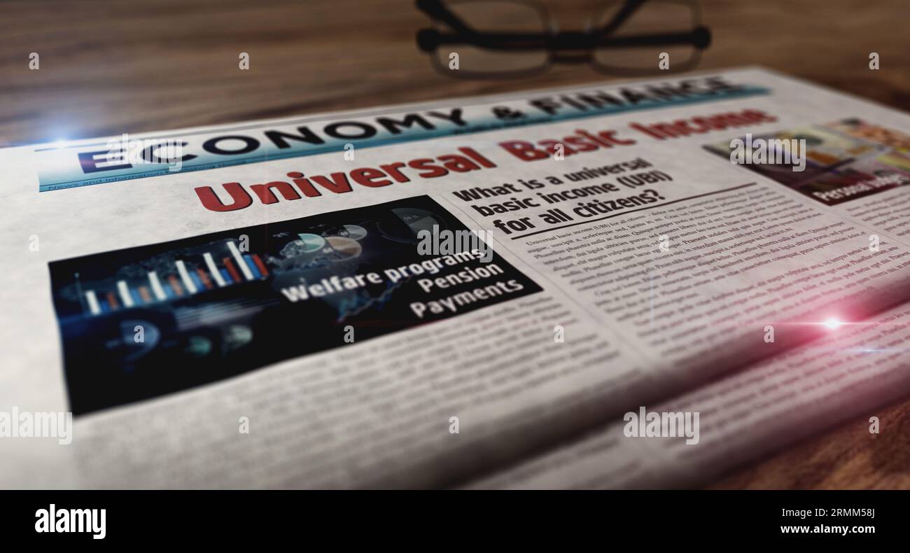 Revenu de base universel des citoyens paiement de salaire et redistribution sociale quotidien sur table. Headlines News concept abstrait illustration 3D. Banque D'Images