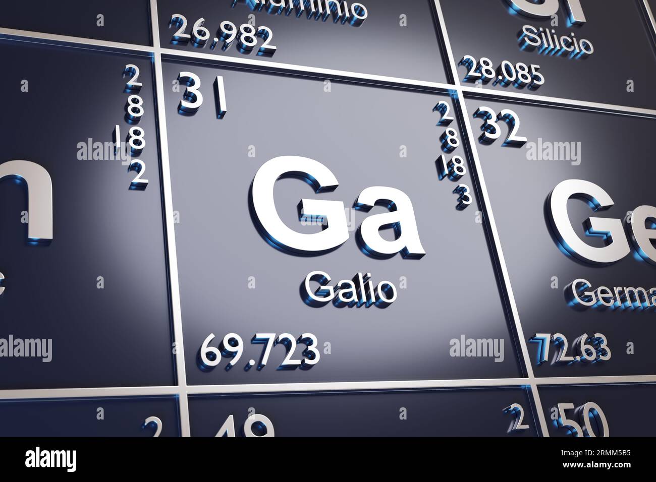 L'élément Gallium sur le tableau périodique en espagnol. illustration 3d. Banque D'Images
