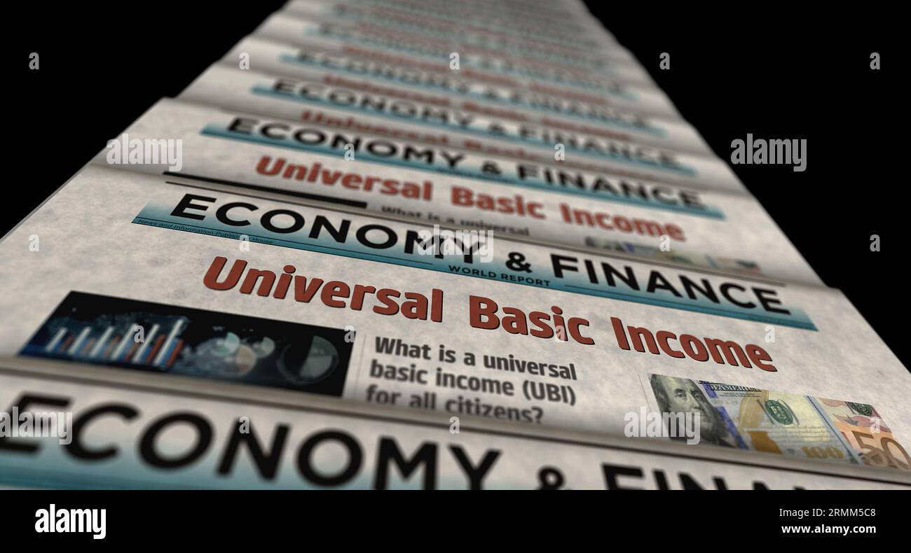 Revenu de base universel des citoyens paiement du salaire et redistribution sociale nouvelles vintage et impression de journaux. Résumé concept rétro titres 3d illu Banque D'Images