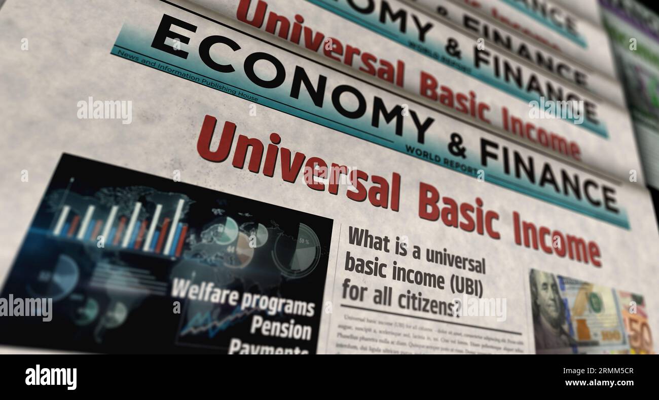 Revenu de base universel des citoyens paiement du salaire et redistribution sociale nouvelles vintage et impression de journaux. Résumé concept rétro titres 3d illu Banque D'Images