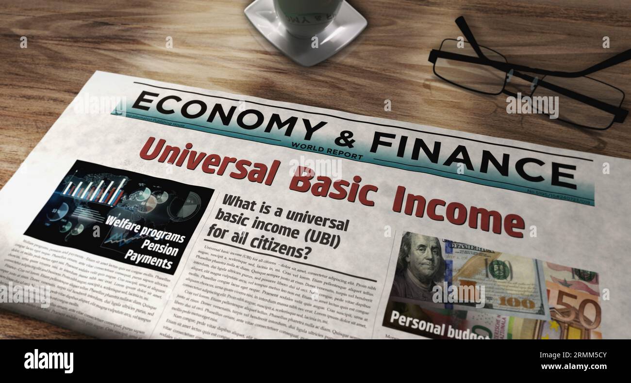 Revenu de base universel des citoyens paiement de salaire et redistribution sociale quotidien sur table. Headlines News concept abstrait illustration 3D. Banque D'Images