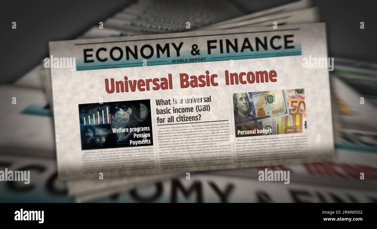 Revenu de base universel des citoyens paiement du salaire et redistribution sociale nouvelles vintage et impression de journaux. Résumé concept rétro titres 3d illu Banque D'Images