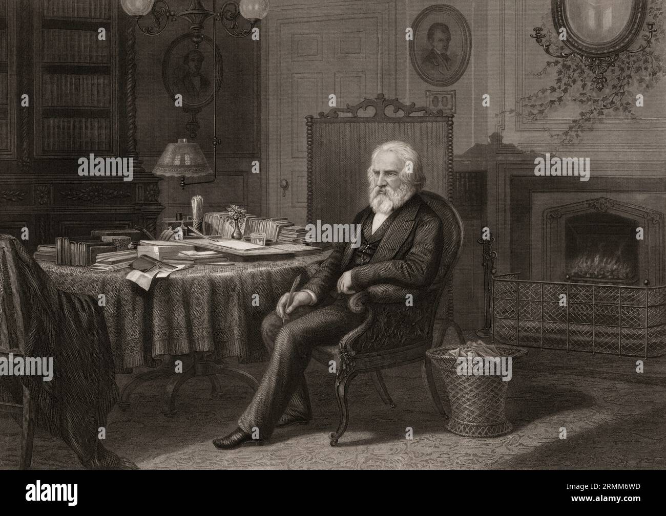 Henry Wadsworth Longfellow, 1807 – 1882, poète américain, dans sa bibliothèque à la Craigie House à West Cambridge Massachusetts Banque D'Images