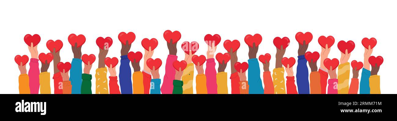 Les mains levées tiennent les cœurs, partagent la compassion et l'espoir avec ceux dans le besoin. Les paumes multinationales des mains humaines donnent un soutien à la coopération de l'équipe Illustration de Vecteur