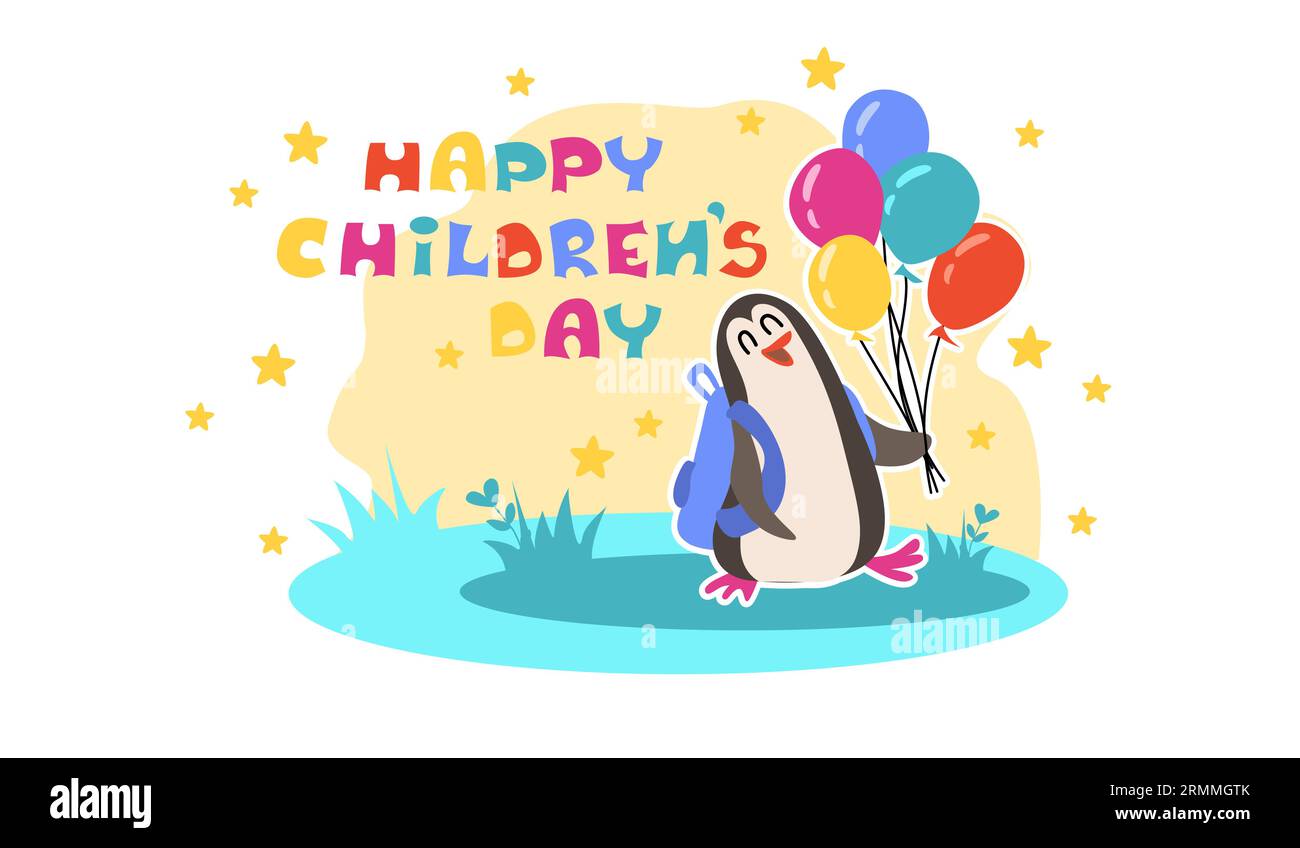 Bonne journée des enfants. Illustration vectorielle avec lettrage coloré. Pingouin mignon avec ballon. Affiche pour enfants isolée sur fond blanc. Illustration de Vecteur