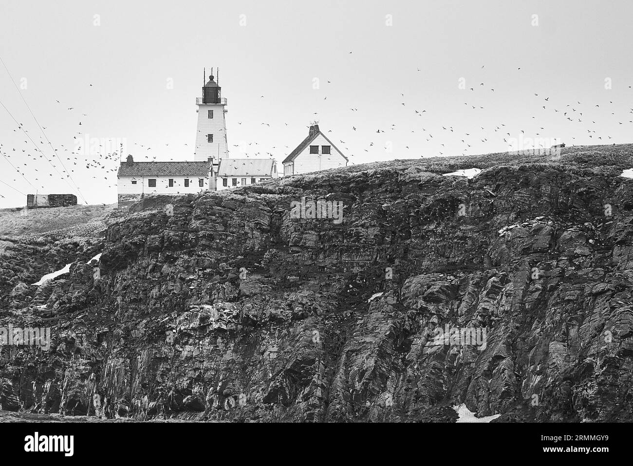 Photo en noir et blanc du phare en bois de Vardø, construit en 1896 sur l'île arctique de Hornøya, entouré d'Un grand troupeau d'oiseaux marins. Norvège Banque D'Images