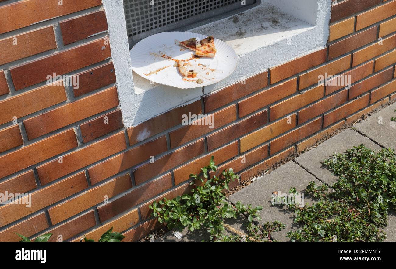 Tranche de pizza sur un plat laissé sur le trottoir dans la rue Berlin Allemagne. Gros plan. Banque D'Images
