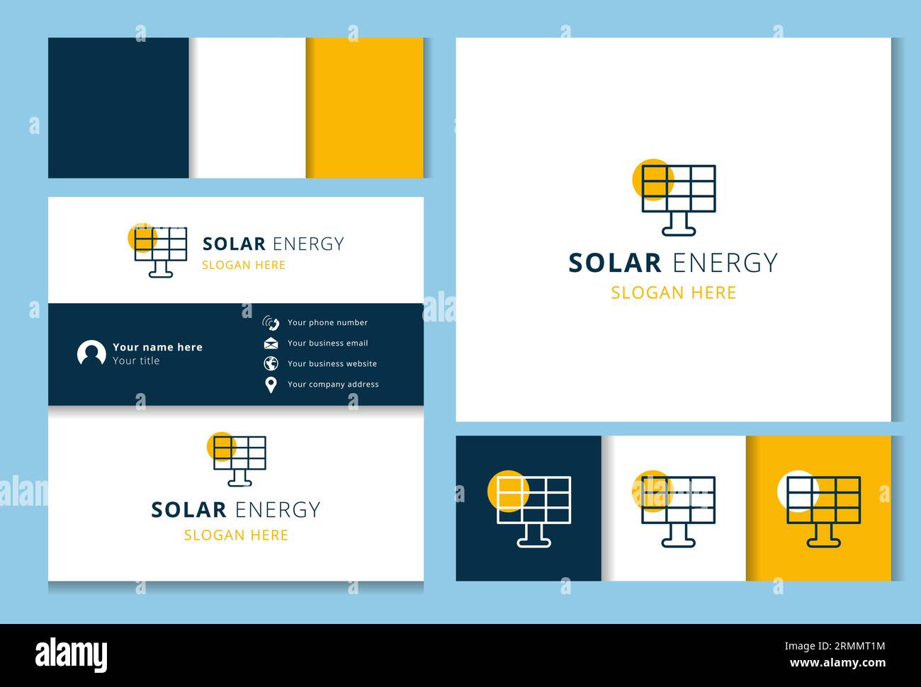 Logo énergie solaire avec slogan modifiable. Livre de marque et modèle de carte de visite. Illustration de Vecteur