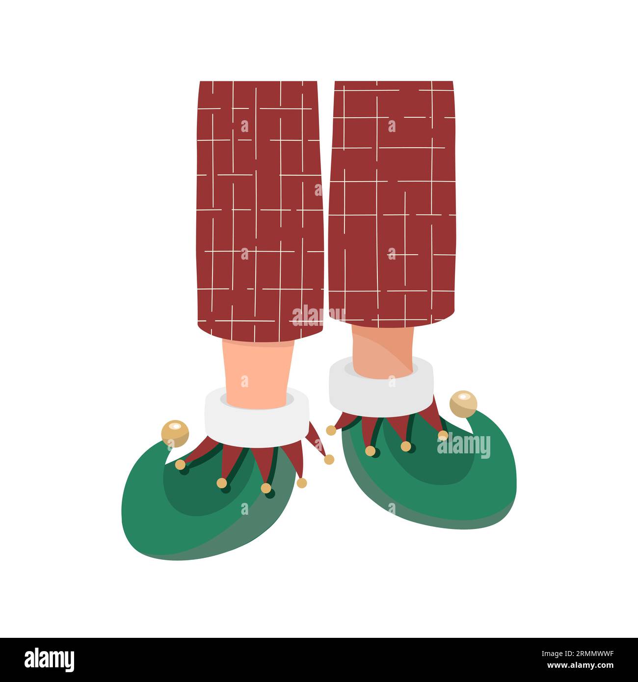 Jambes en pyjama rouge avec pantoufles elfe chaudes. Illustration de Vecteur