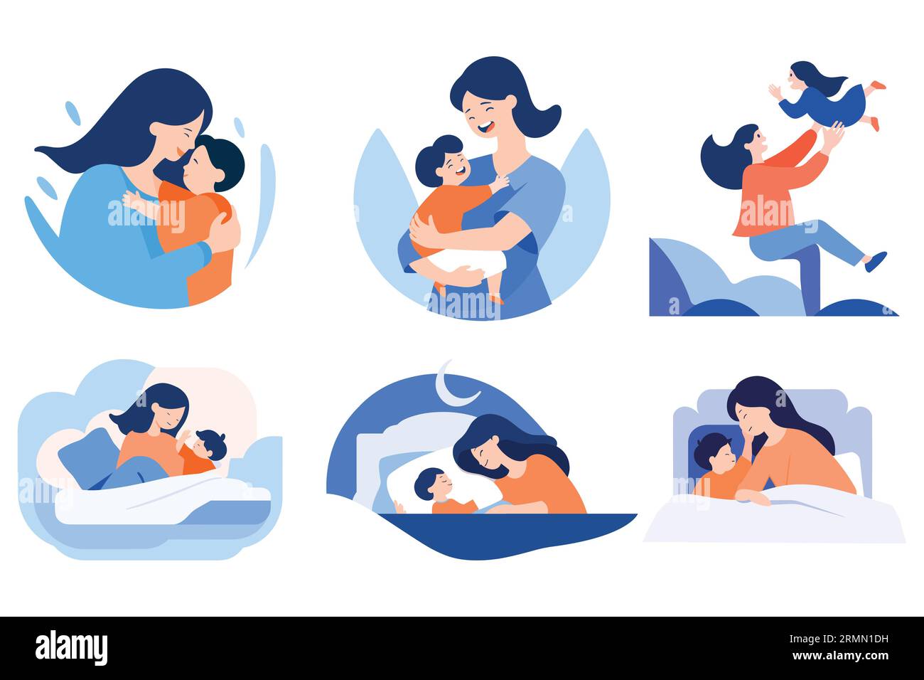Mère dessinée à la main embrassant son enfant joyeusement dans un style plat isolé sur fond Illustration de Vecteur