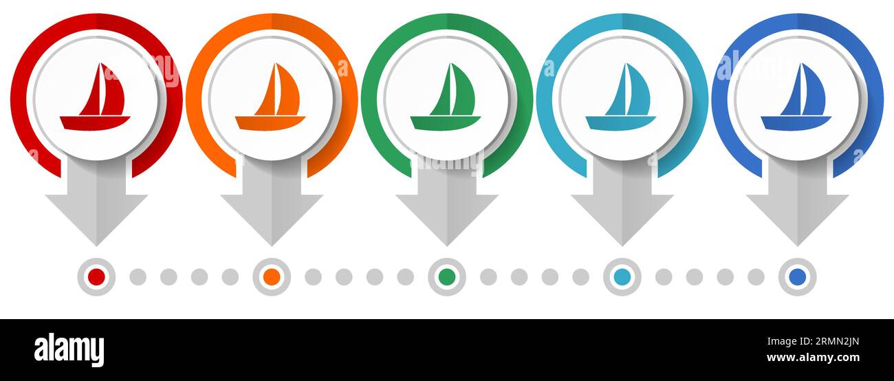 Jeu d'icônes vectorielles de yacht, modèle infographique de conception plate, définir des icônes de concept de pointeur dans 5 options de couleur pour le webdesign et les applications mobiles Illustration de Vecteur