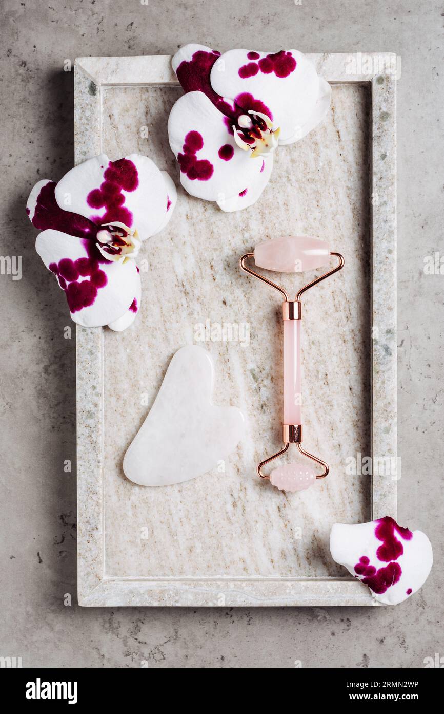 Rouleau de quartz rose et gua sha sur un plateau en marbre avec des orchidées.. Appareil de massage facial. Banque D'Images