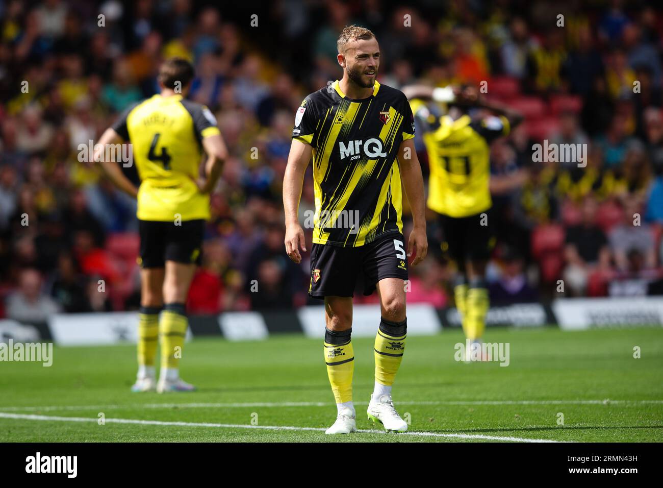 WATFORD, Royaume-Uni - 27 août 2023 : Ryan Porteous de Watford regarde pendant le match du championnat Sky Bet entre Watford et Blackburn Rovers au Vicarage Banque D'Images