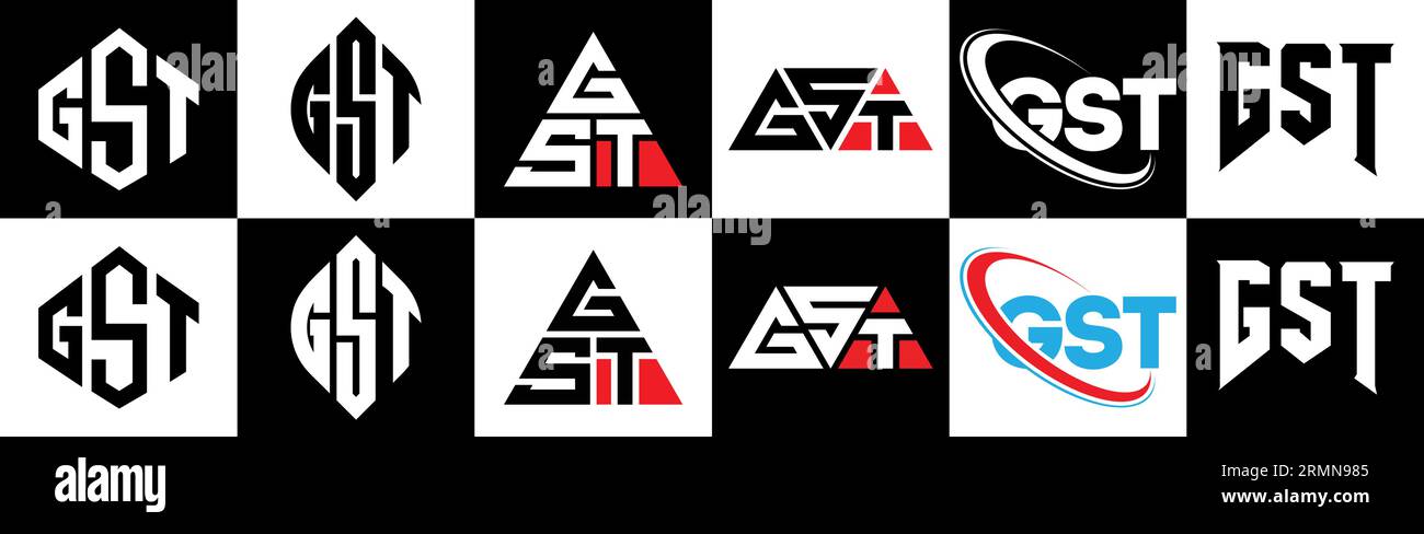 Conception de logo de lettre GST dans le style six. Polygone GST, cercle, triangle, hexagone, plat et style simple avec le logo de la lettre de variation de couleur noir et blanc se Illustration de Vecteur