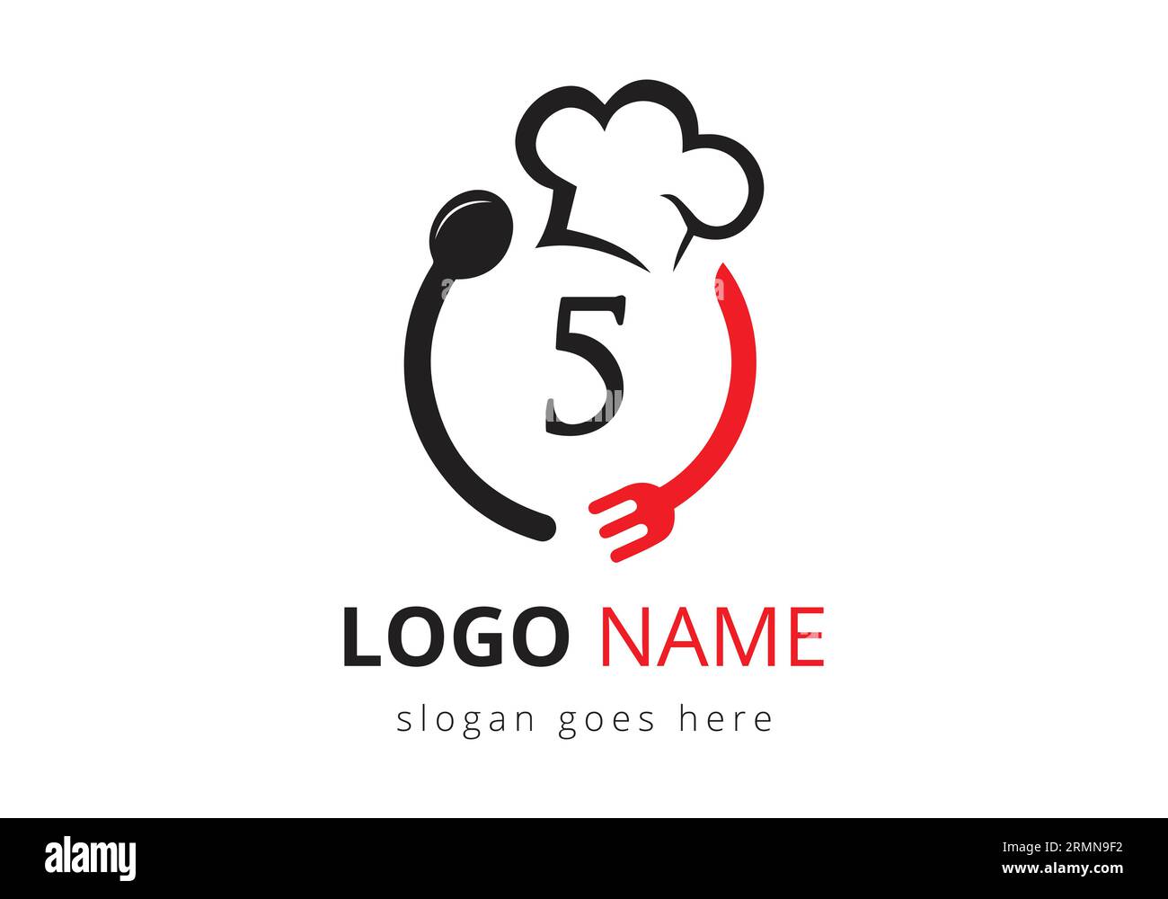 Lettre 5 logo avec chapeau de chef, cuillère et fourchette pour le logo