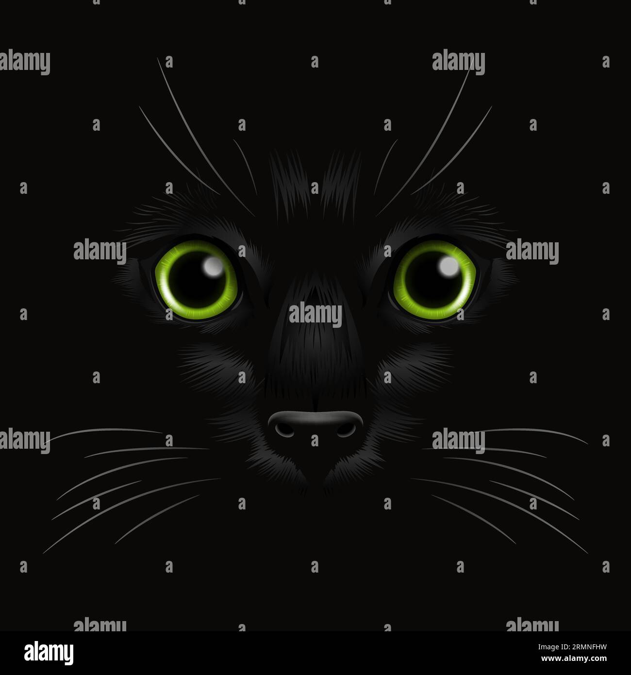 Vector 3D chats verts réalistes oeil d'un chat noir dans le noir, la nuit. Visage de chat avec Oui, nez, Whiskers sur noir. Gros plan chat dans les ténèbres Illustration de Vecteur