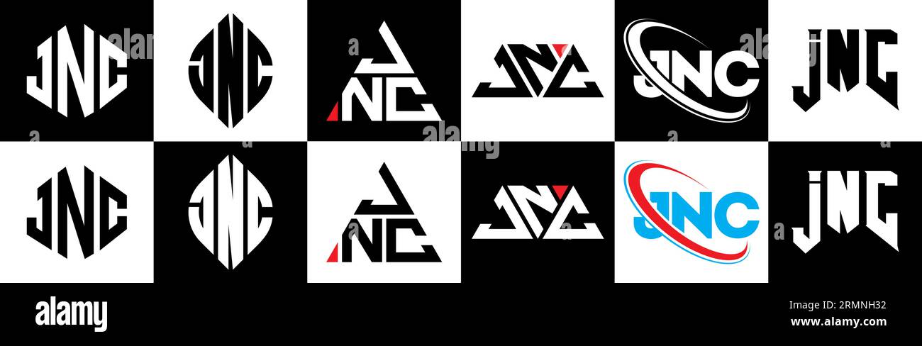 Conception de logo de lettre JNC dans le style six. JNC polygone, cercle, triangle, hexagone, plat et style simple avec le logo de lettre de variation de couleur noir et blanc se Illustration de Vecteur