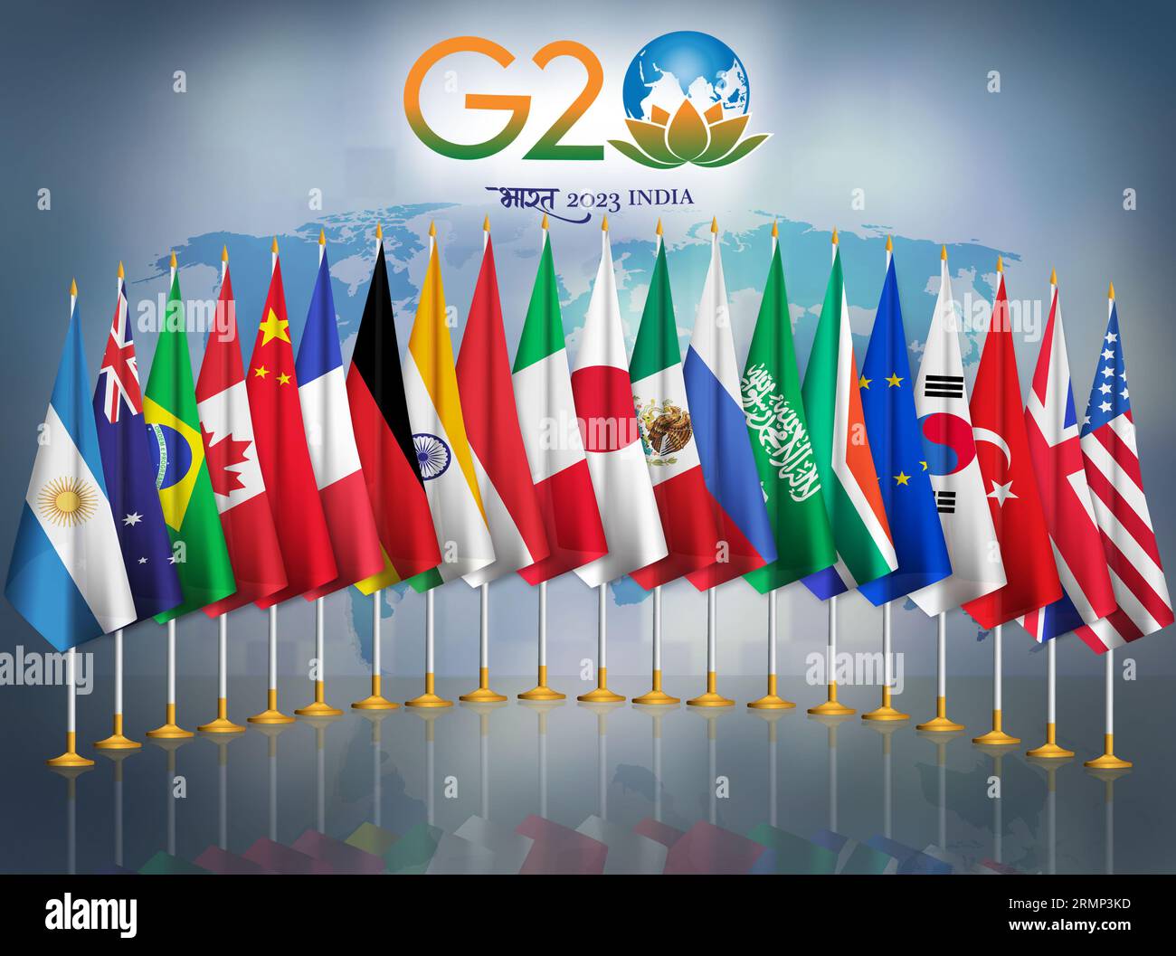 Sommet du G20 2023.Groupe 20 drapeaux des pays ensemble.Traduction Bharat (un autre nom pour l'Inde) est écrit en hindi Banque D'Images