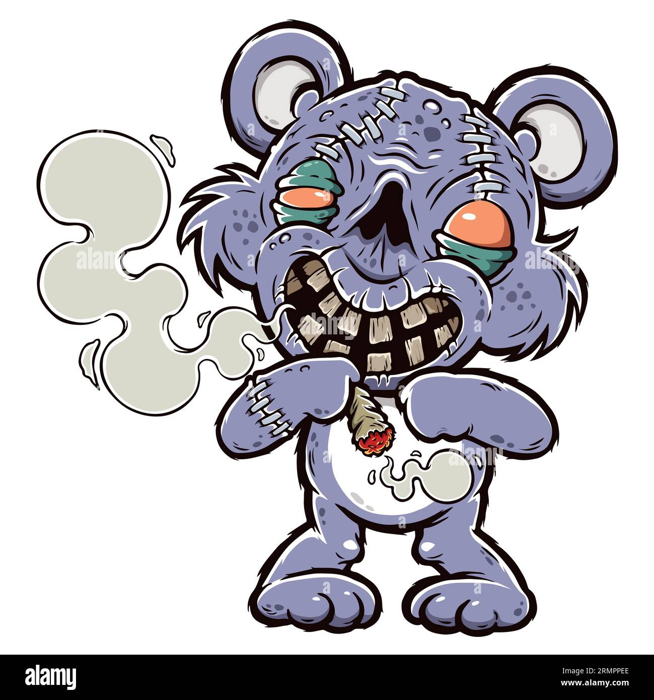 Illustration vectorielle de Cartoon Teddy Zombie personnages, Zombie Bear, Evil Bear fume une cigarette avec de la marijuana Banque D'Images