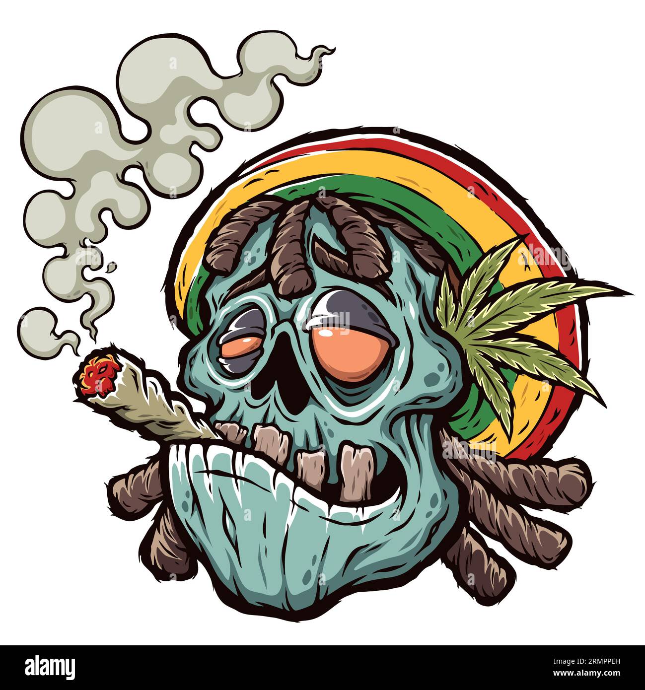 Illustration vectorielle de Cartoon Zombie fume une cigarette avec de la marijuana, du rastaman, des feuilles de cannabis, une impression pour des t-shirts Banque D'Images