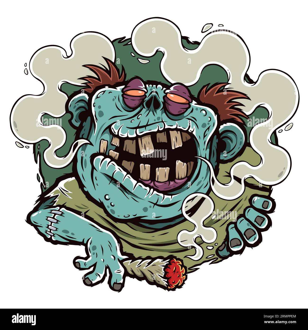 Illustration vectorielle de Cartoon Zombie fume une cigarette avec de la marijuana, des feuilles de cannabis, une impression pour des t-shirts Banque D'Images