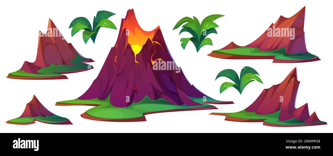 Illustration de dessin animé d'éruption de montagne de volcan. Éruption de lave clipart dessinant sur l'île. roche volcanique explosant avec magma isolé ensemble d'icônes. Boulder png collection d'éléments pour le paysage d'aventure Illustration de Vecteur