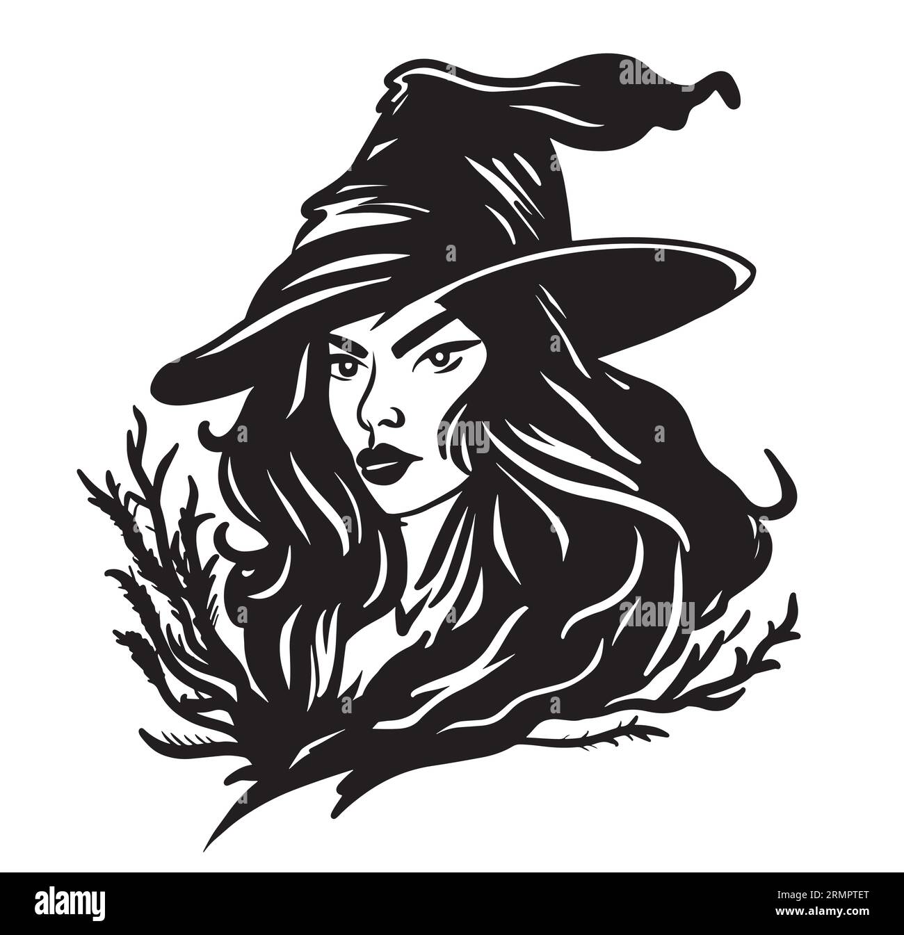 Sorcière noire dans le chapeau dessin dessiné à la main dans le vecteur de style Doodle Halloween Illustration de Vecteur