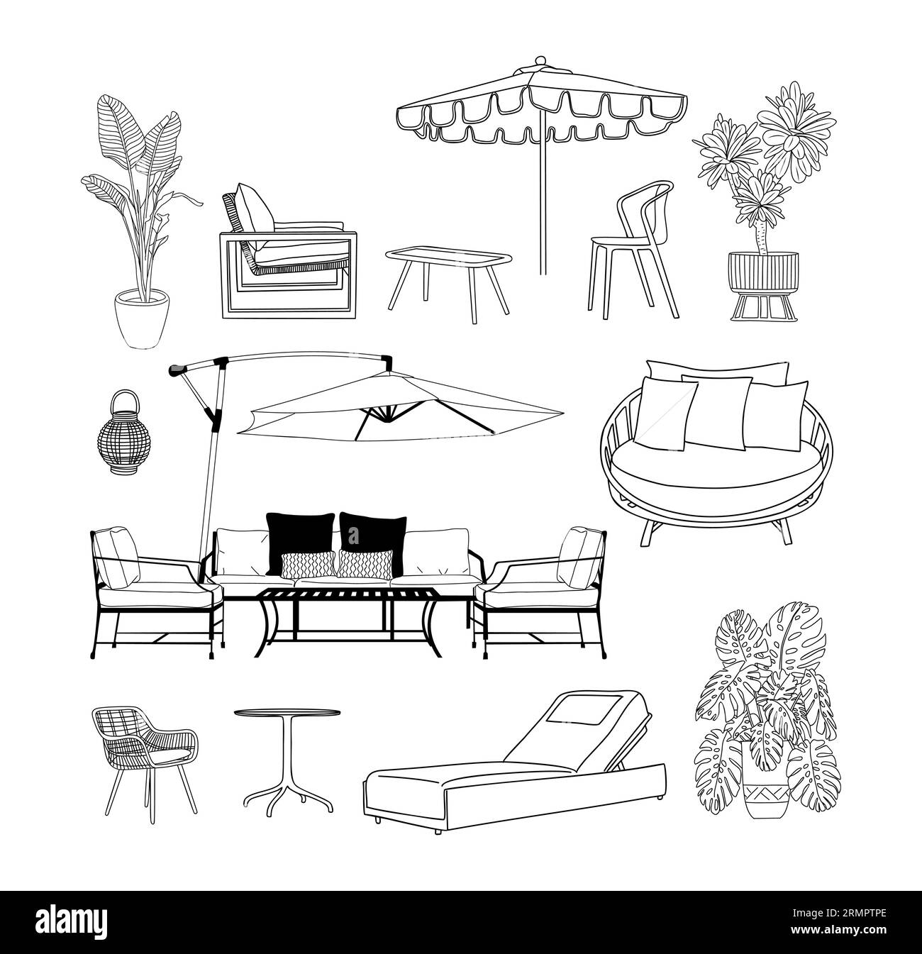 Ensemble de meubles de patio, extérieur, intérieur de cour de jardin Illustration de Vecteur