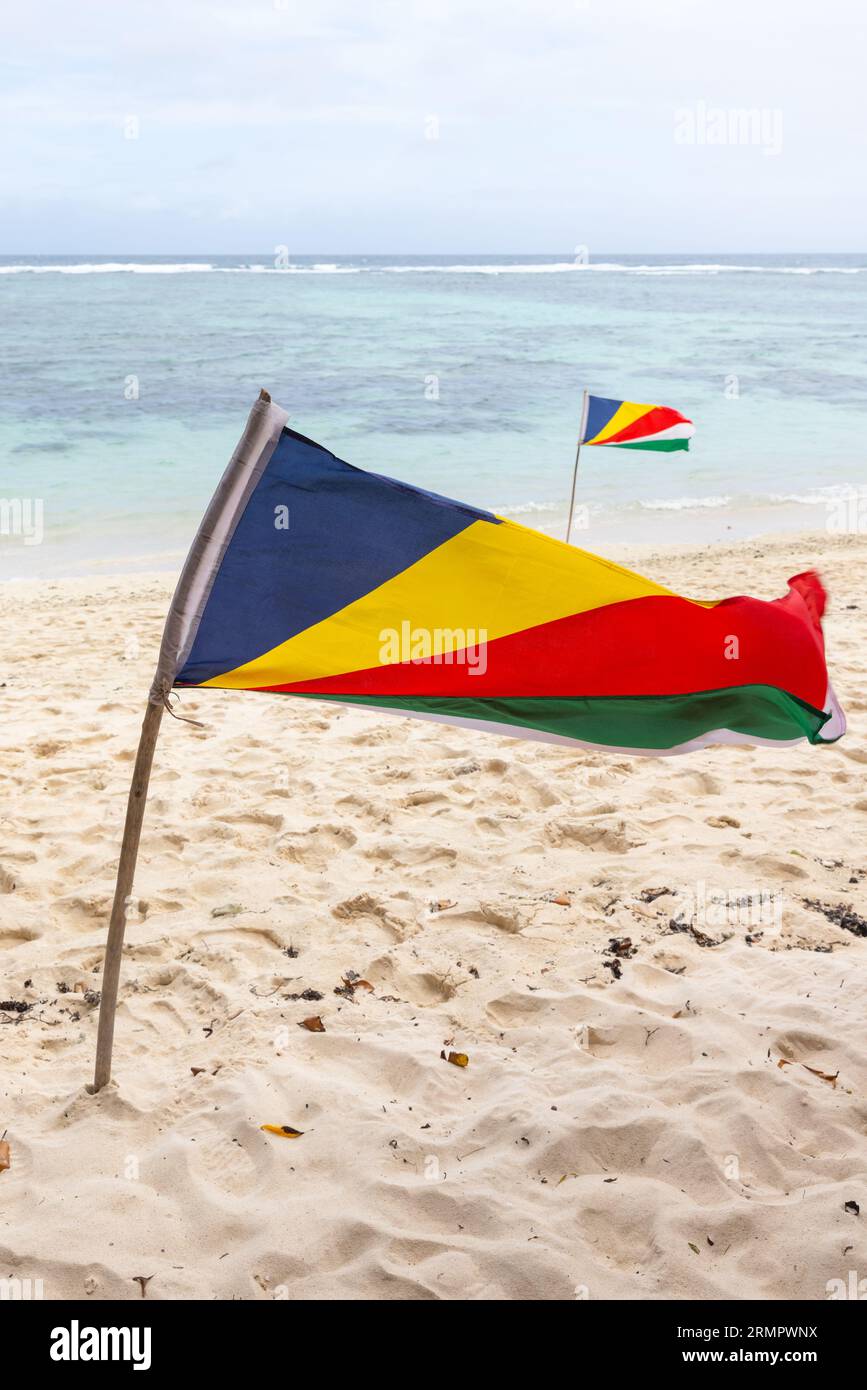 Drapeaux des Seychelles montés sur la plage ondulant dans le vent sur une journée Banque D'Images