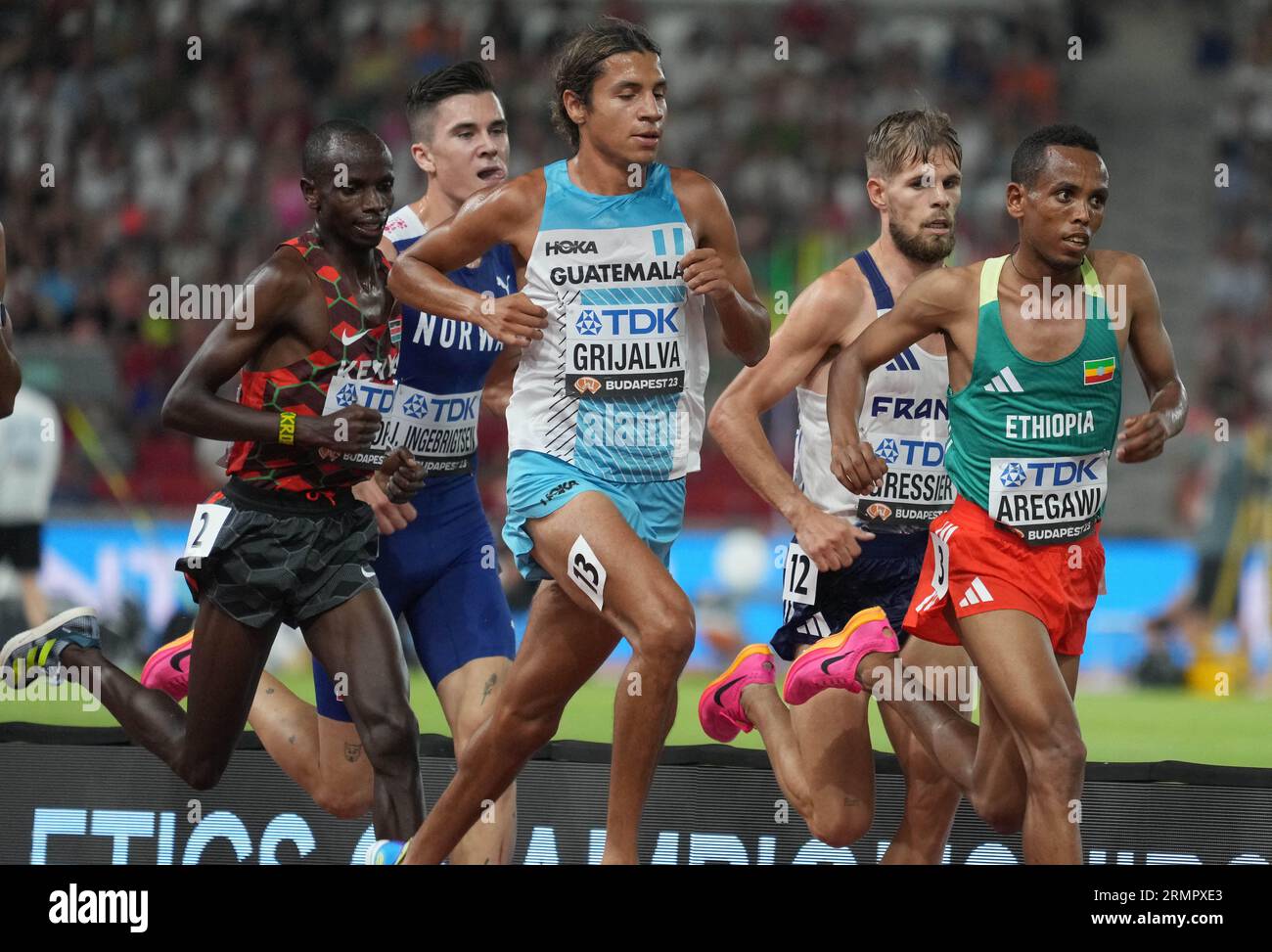 Budapest, Hongrie. 27 août 2023. Jakob INGEBRIGTSEN de NOR, Luis GRIJALVA de GUA, Jimmy GRESSIER de FRA, Berihu AREGAWI et Jacob KROP de KEN final 5000 mètres HOMMES lors des Championnats du monde 2023 le 27 août 2023 à Nemzeti Atletikai Kozpont à Budapest, Hongrie. Photo Laurent Lairys/ABACAPRESS.COM crédit : Abaca Press/Alamy Live News Banque D'Images