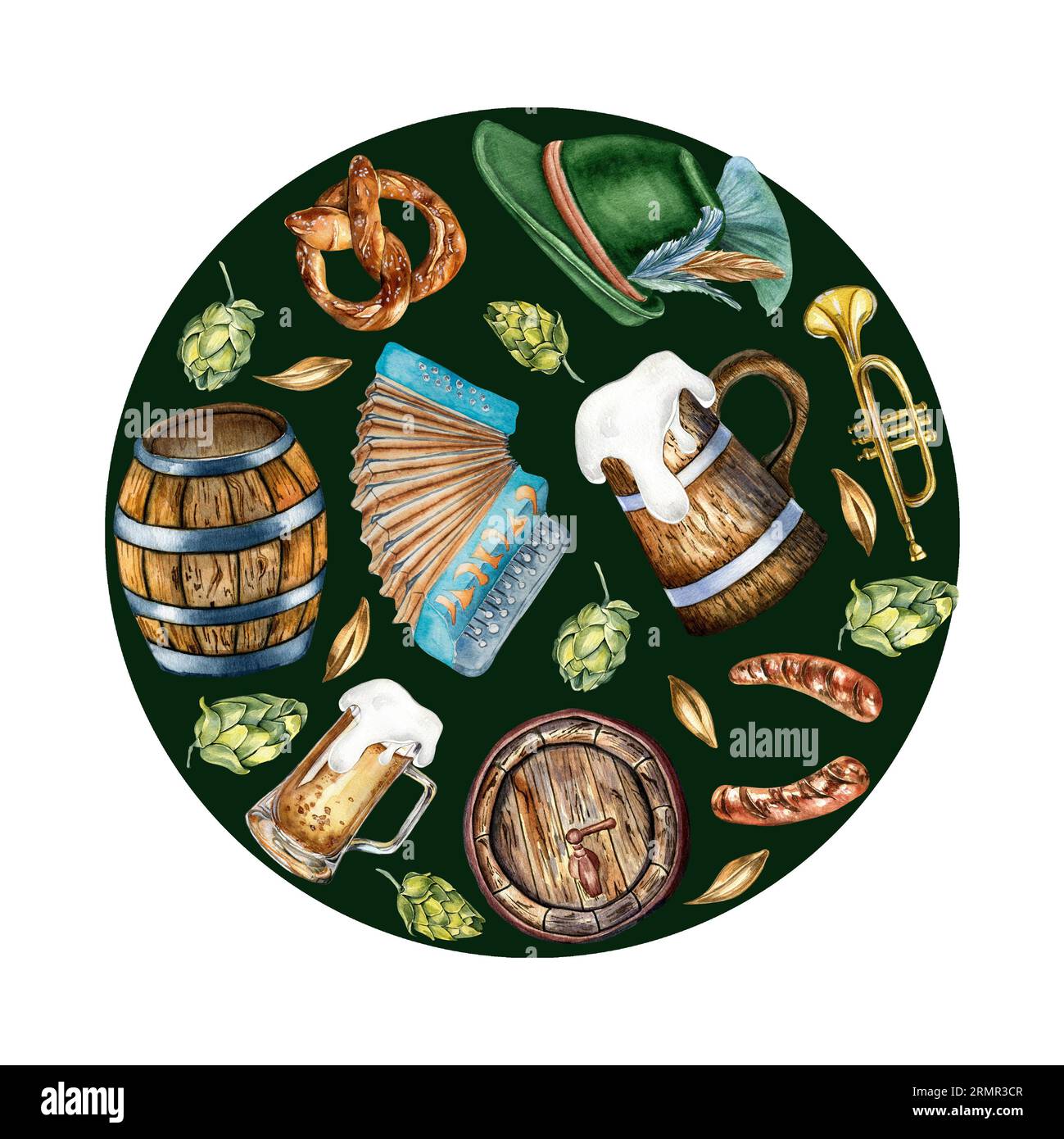 Cercle de tonneau en bois, pinte de bière, chapeau allemand, illustration aquarelle accordéon isolé sur noir. Bretzel, trompette, bière, houblon tiré à la main Banque D'Images