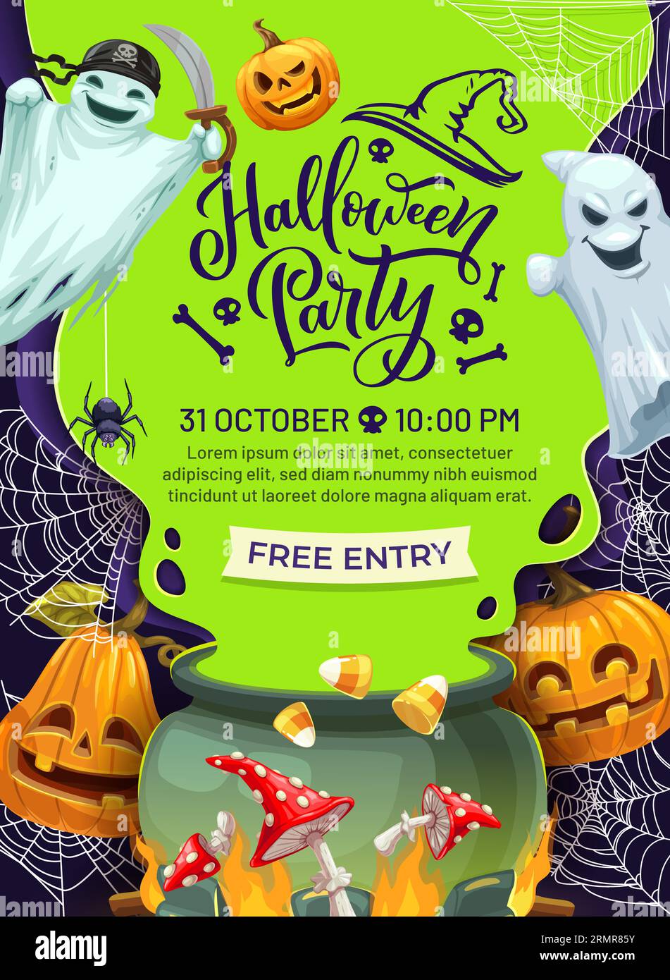 Flyer de fête d'Halloween avec chaudron de sorcière et fantômes drôles pour les vacances, vecteur de bande dessinée. Affiche d'invitation à la fête d'Halloween pour Trick or Treat Night Wit Illustration de Vecteur