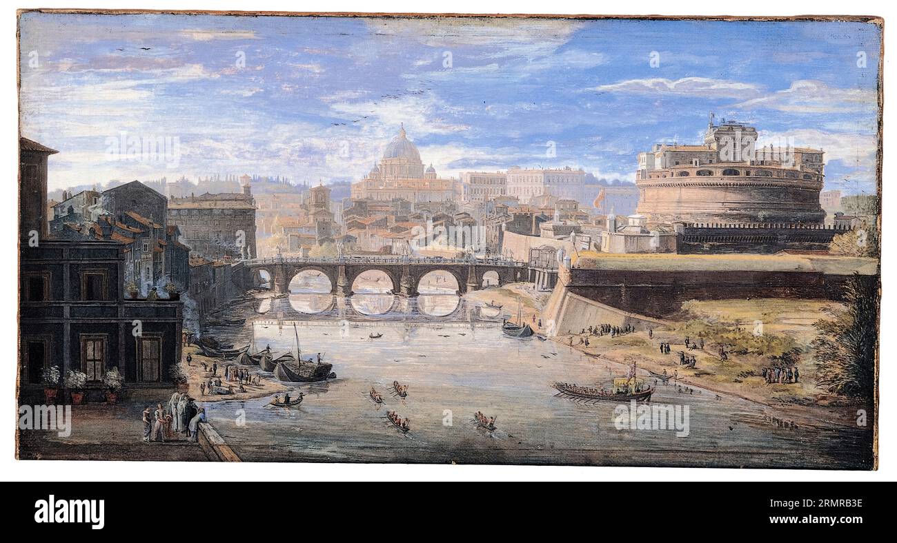 Gaspar van Wittel, vue du Castel Sant'Angelo (Rome), peinture de paysage en tempera sur parchemin, 1690-1710 Banque D'Images