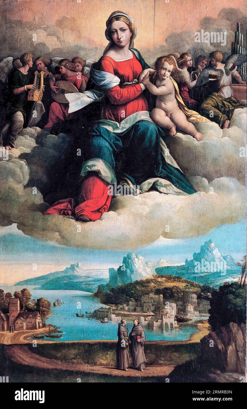 Benvenuto Tisi da Garofalo, Madone avec l'enfant dans la gloire et les Saints, peinture à l'huile sur bois, 1530 Banque D'Images