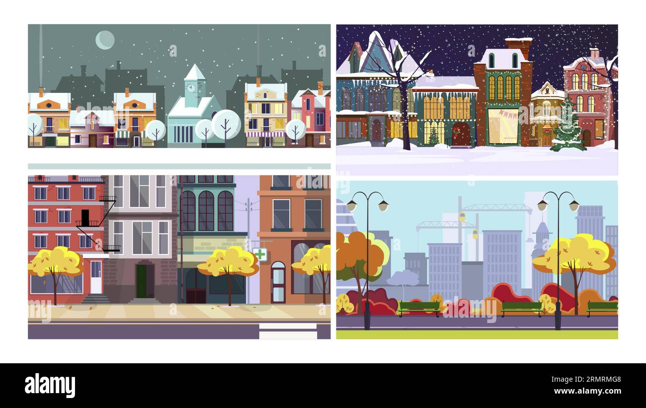 Ville en hiver et en automne ensemble d'illustrations vectorielles plates Illustration de Vecteur