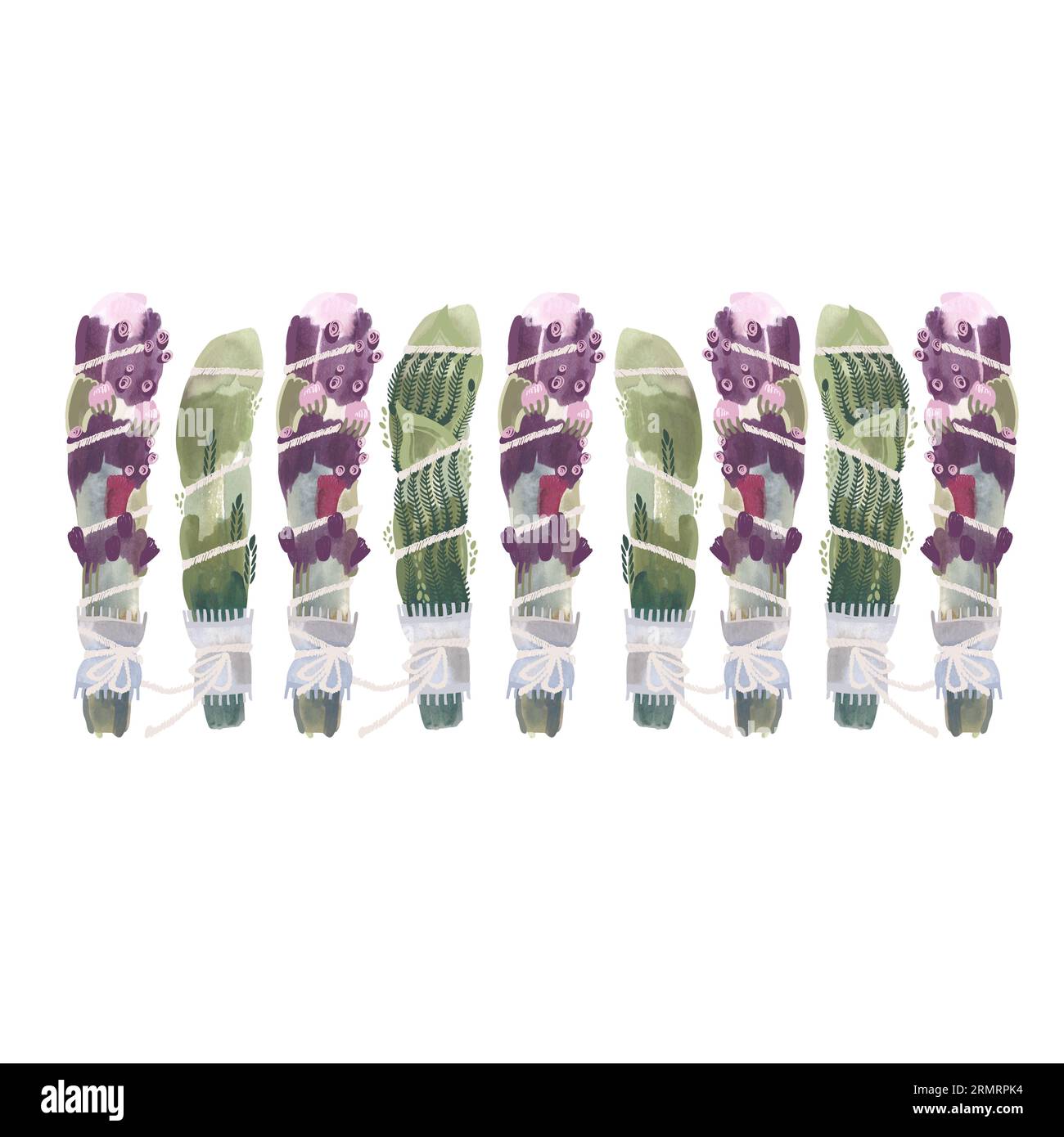 Un bouquet d'herbes séchées avec des fleurs violettes et roses, attaché avec une corde, pour le rituel de fumigation. Ensemble herboriste. illust ISOLEE a l'aquarelle dessinée a la main Banque D'Images