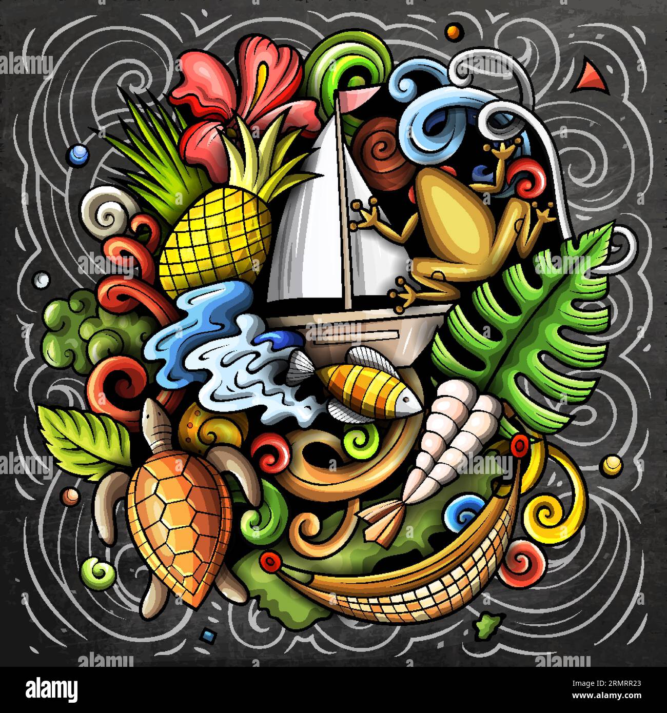 Porto Rico dessin animé doodle illustration. Design portoricain drôle. Fond vectoriel de tableau noir avec des éléments et des objets de pays des Caraïbes. Coloré Illustration de Vecteur