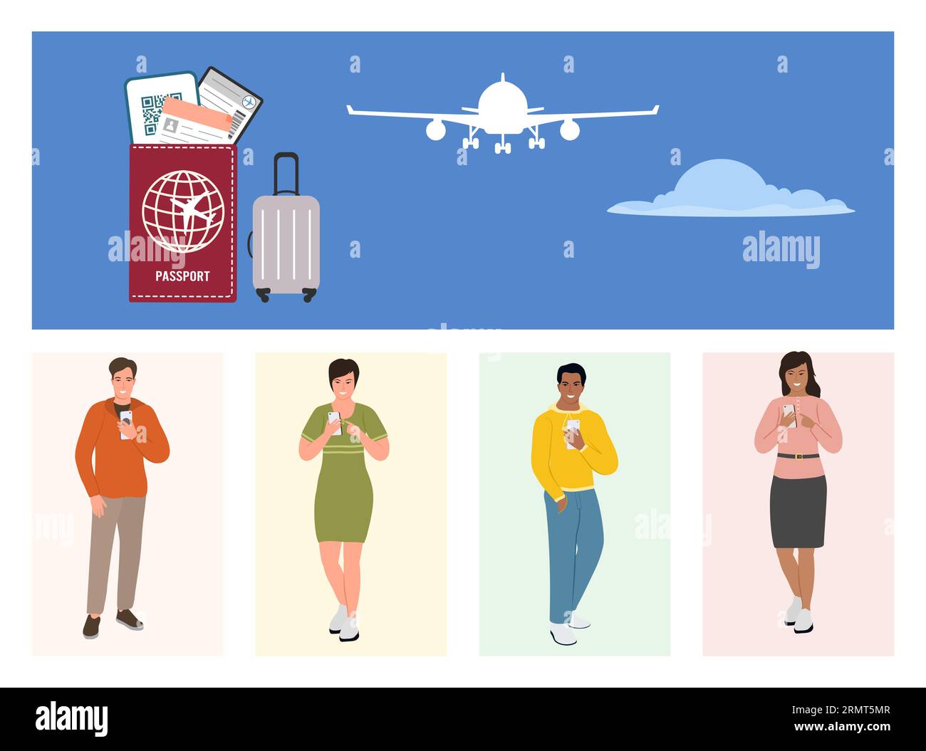 Touristes vacances d'été Homme Femme aventure Tourisme avion bagages billet d'avion Passeport transport concept. Illustration du vecteur de voyage du week-end Illustration de Vecteur