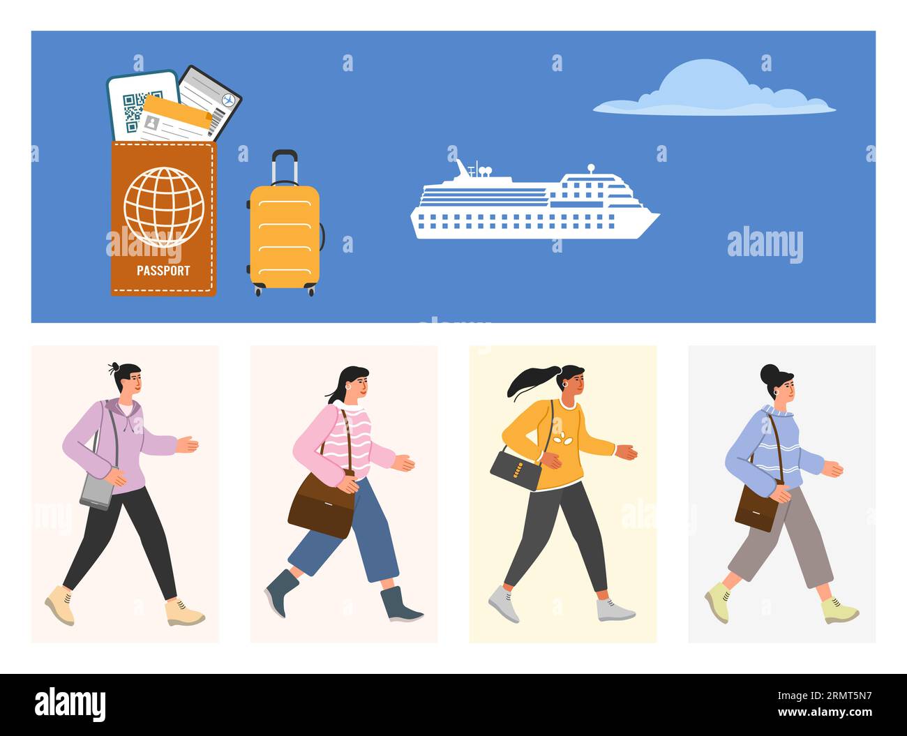 Touristes croisière bateau vacances été croisière Mer Voyage concept. Homme Femme aventure Tourisme bagages Passeport transport concept. Nous Illustration de Vecteur