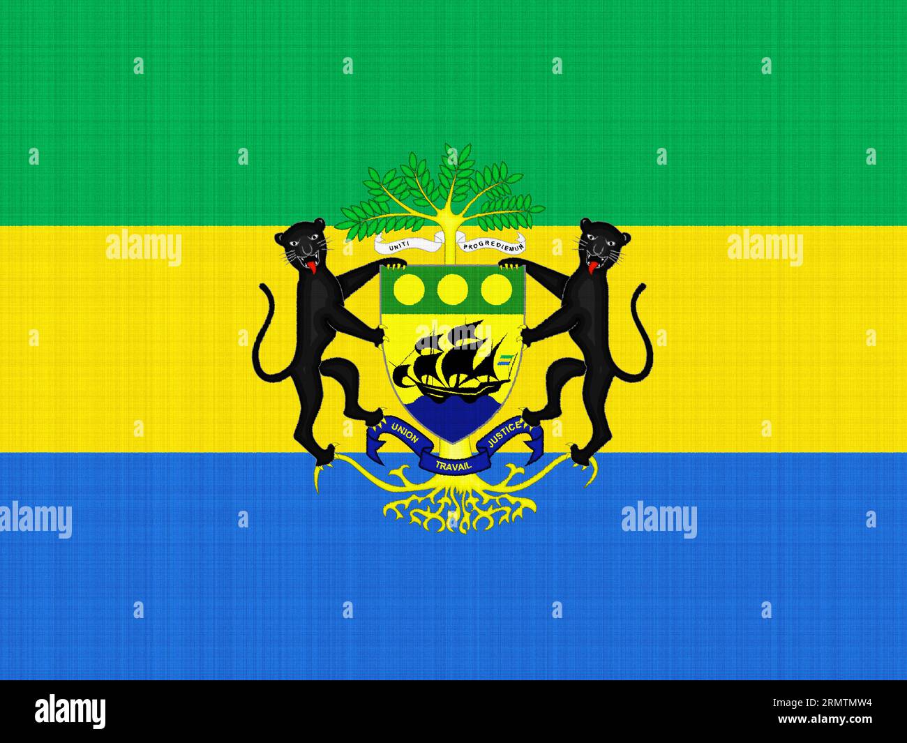 Drapeau et armoiries de la République du Gabon sur fond texturé. Collage de concept. Banque D'Images