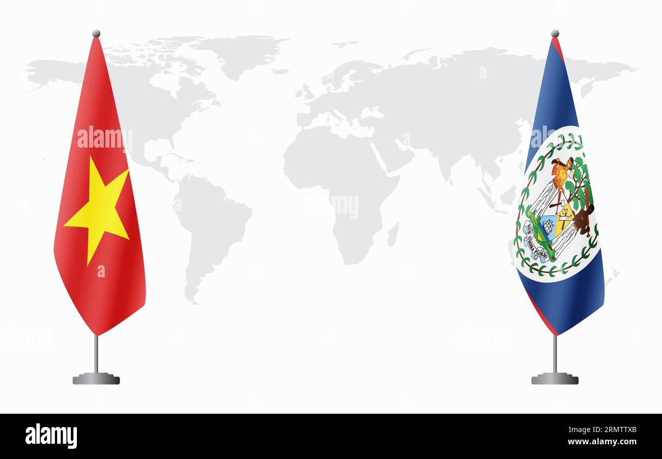 Drapeaux du Vietnam et du Belize pour la réunion officielle sur fond de carte du monde. Illustration de Vecteur
